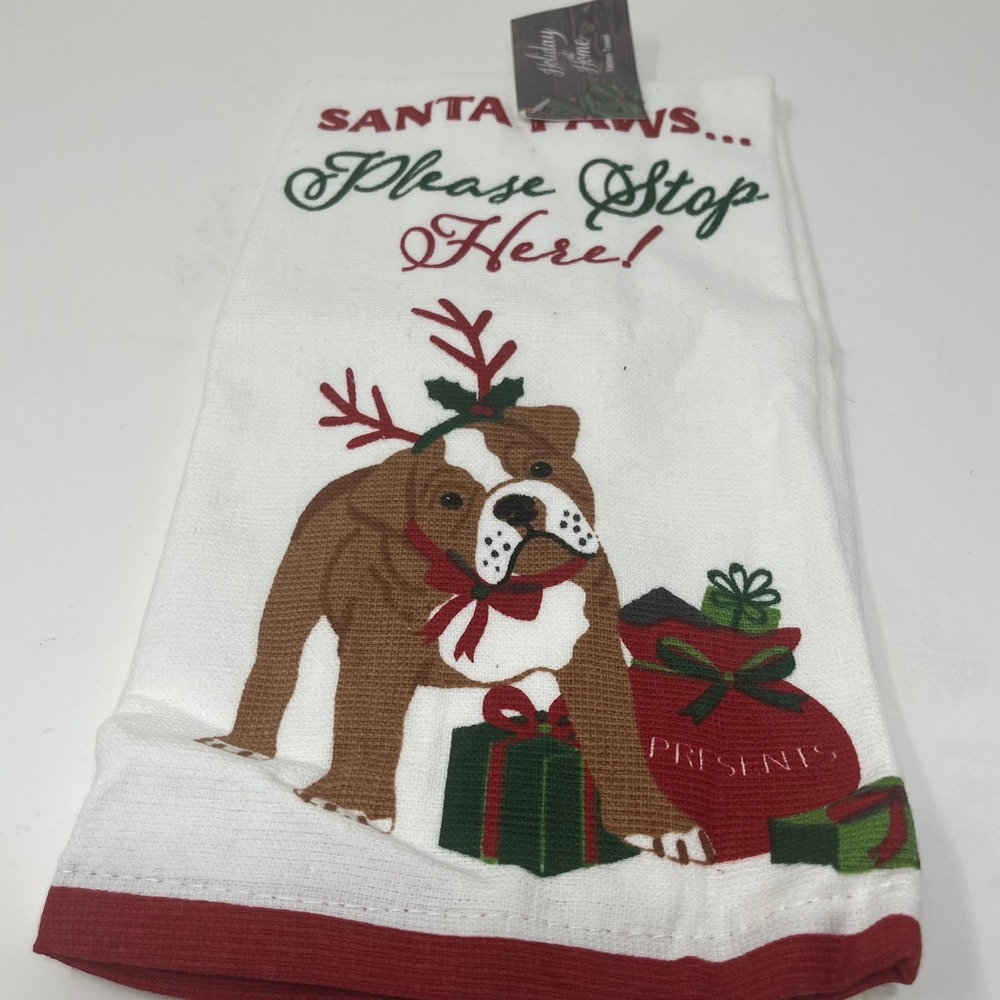Holiday Home Santa Paws Please Stop Here Christmas Kitchen Towel Dog Bulldog